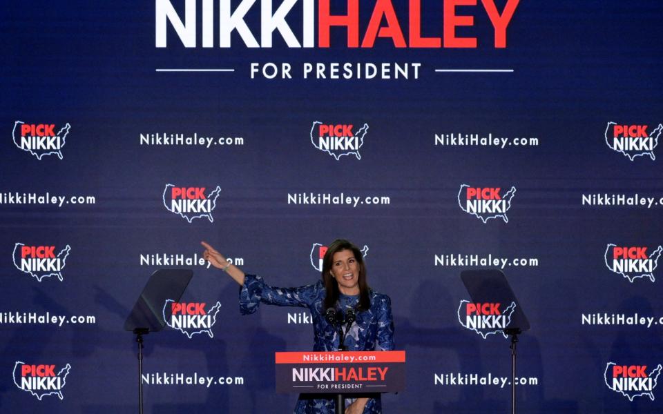 Nikki Haley speaks during her New Hampshire presidential primary election night rally in Concord, New Hampshire, U.S., January 23, 2024