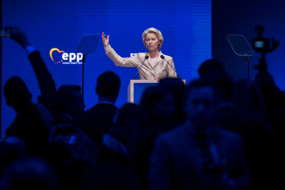 European Commission President Ursula von der Leyen addresses the EPP Congress in Bucharest, Romania, Thursday, March 7, 2024. The 2024 EPP Congress designated Germany's Ursula von der Leyen, who seeks a second term as head of the European Union's powerful Commission, as the party's lead candidate in the upcoming European elections. (AP Photo/Andreea Alexandru)