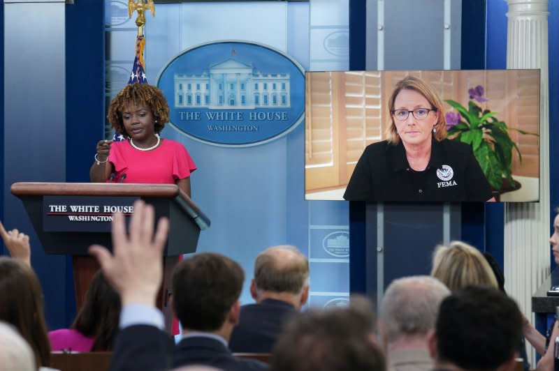 FEMA Administrator Deanne Criswell speaks virtually about the Maui wildfires during a press briefing Monday with White House Press Secretary Karine Jean-Pierre at the White House in Washington, D.C., where she warned "the coming days and weeks, they're going to be tough." Photo by Yuri Gripas/UPI