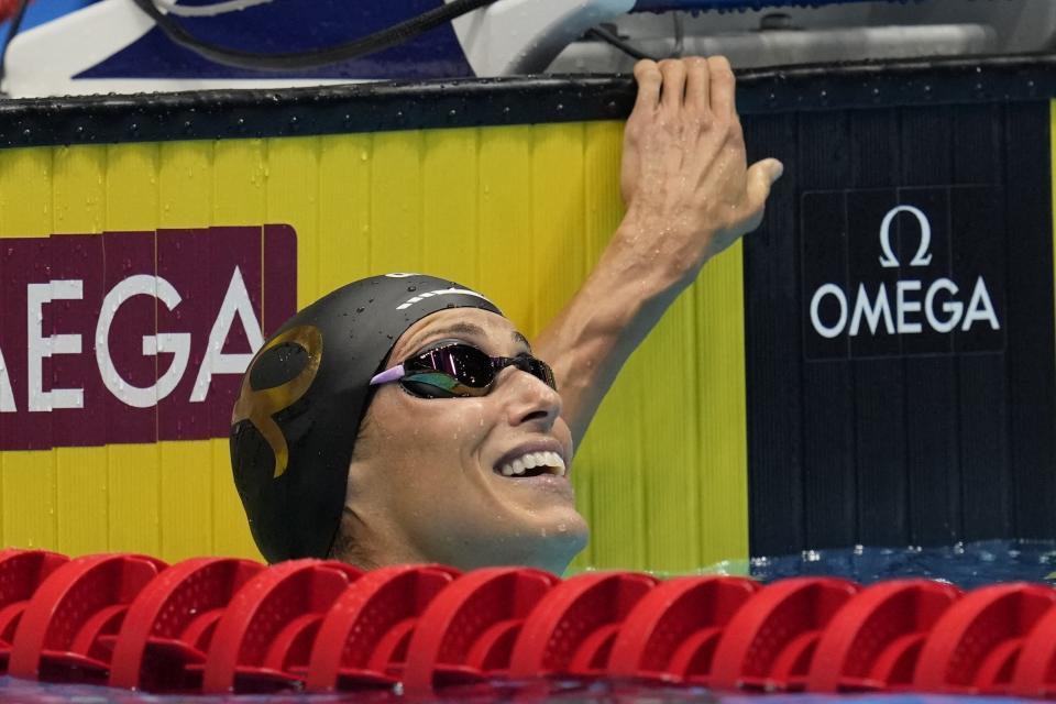 Gabrielle Rose reacts after the Women's 100 breaststroke preliminary heat Sunday, June 16, 2024, at the US Swimming Olympic Trials in Indianapolis. (AP Photo/Michael Conroy)