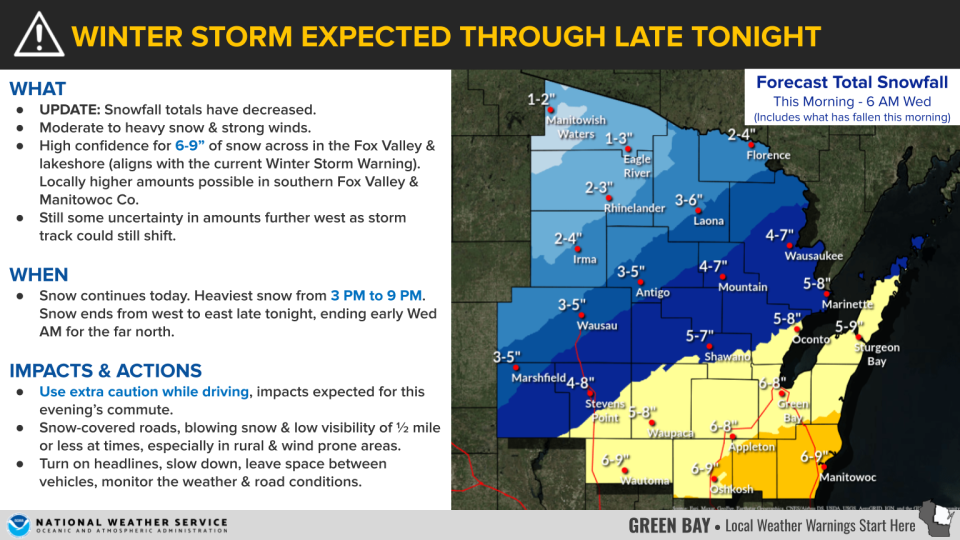 Expected snowfall totals across northeast and north-central Wisconsin as of early Tuesday morning.