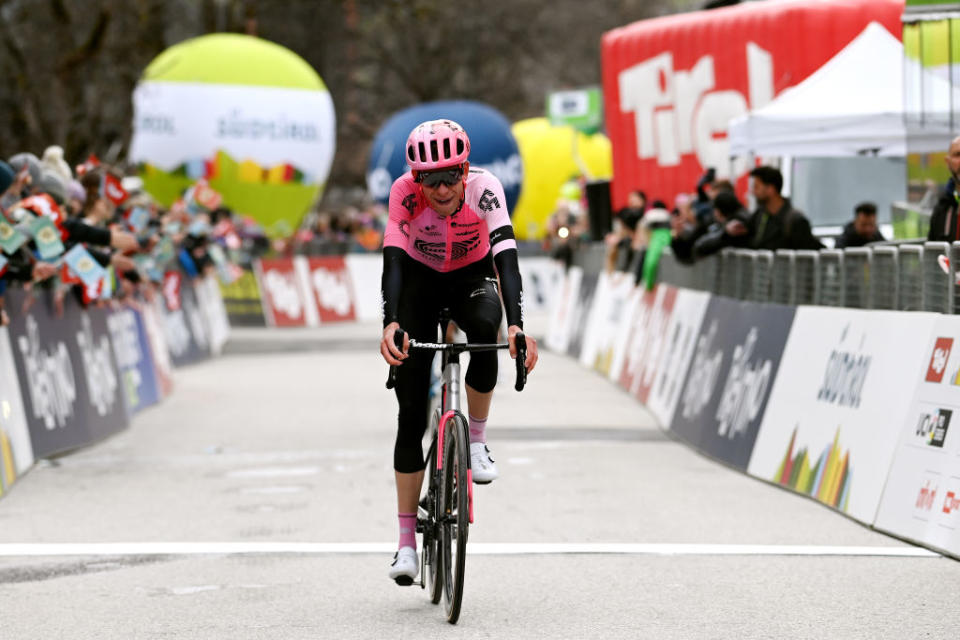 ALPBACH AUSTRIA  APRIL 17 Hugh Carthy of United Kingdom and Team EF EducationEasypost crosses the finish line on third place during the 46th Tour of the Alps 2023 Stage 1 a 1275km stage from Rattenberg to Alpbach 984m on April 17 2023 in Alpbach Austria Photo by Tim de WaeleGetty Images