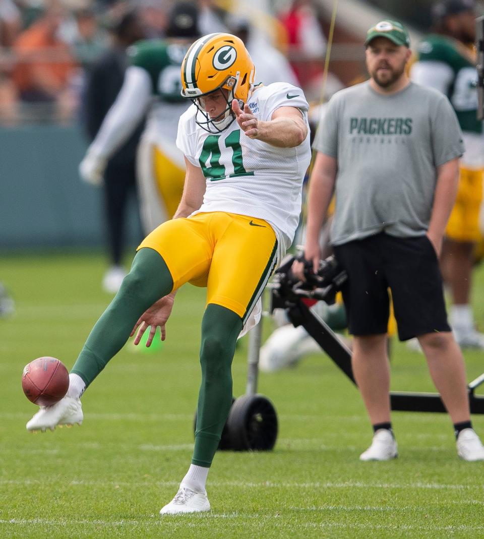 Green Bay Packers punter Daniel Whelan (41) punts the ball during practice on Tuesday, August 1, 2023, at Ray Nitschke Field in Green Bay, Wis. Tork Mason/USA TODAY NETWORK-Wisconsin