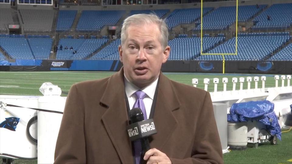 Jason Brown of Spectrum News does an on-field report at Bank of America Stadium. In March 2023, Brown underwent a heart transplant. He is scheduled to return to work on Aug. 30th, 2023.