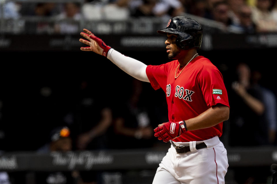 LONDON, ENGLAND - JUNE 30: Xander Bogaerts #2 of the Boston Red Sox reacts after hitting a solo home run during the first inning of game two of the 2019 Major League Baseball London Series against the New York Yankees on June 30, 2019 at West Ham London Stadium in London, England. (Photo by Billie Weiss/Boston Red Sox/Getty Images)