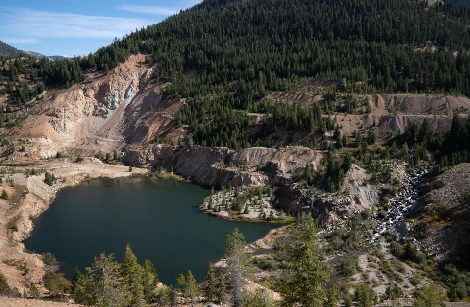 The East Fork South Fork Salmon River (right) flows into the Yellow Pine Pit on Sept. 28, 2023, at Stibnite Mine, east of Yellow Pine, Idaho.