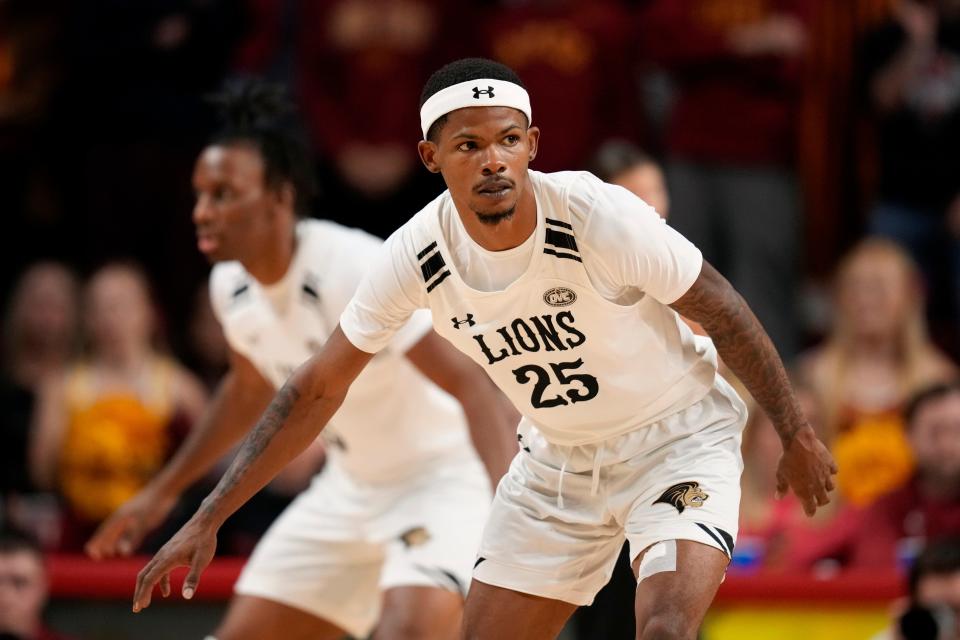 Lindenwood guard Darius Beane (25) plays defense during the second half of an NCAA college basketball game against Iowa State, Thursday, Nov. 9, 2023, in Ames, Iowa. (AP Photo/Charlie Neibergall) ORG XMIT: IACN1