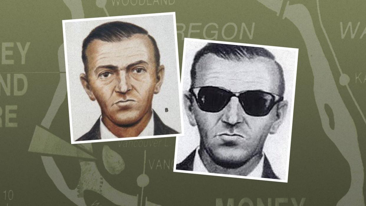 sketches of db cooper with and without sunglasses with map or vancouver