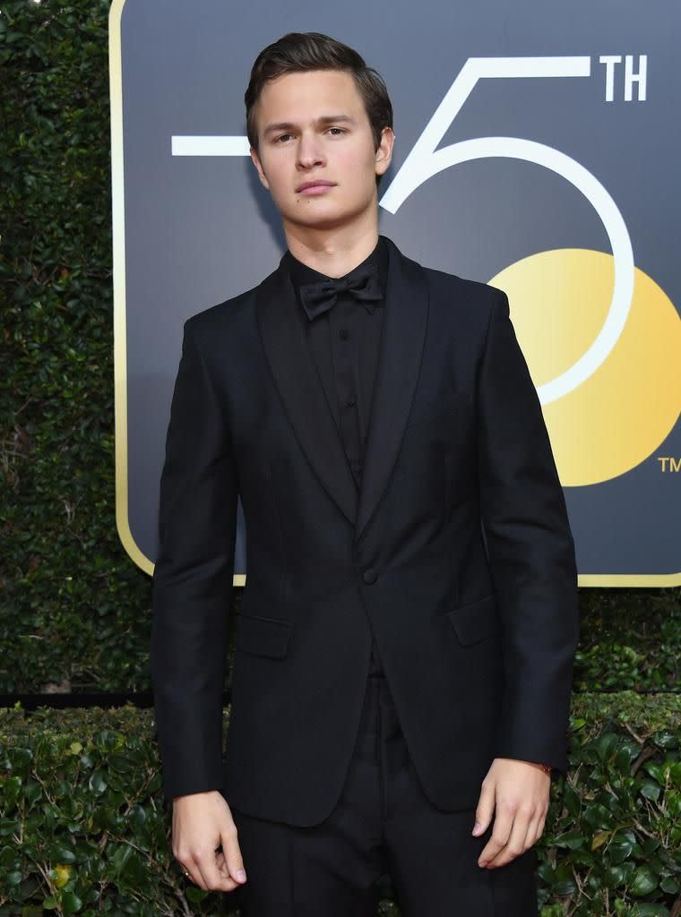 Actor Ansel Elgort arrives for the 75th Golden Globe Awards on January 7, 2018, in Beverly Hills, wearing all black to show his support. Source: Getty