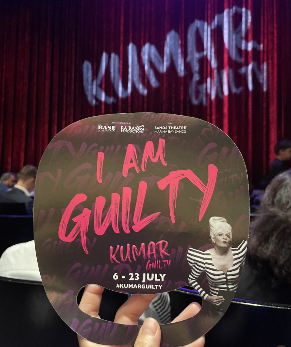 "All audience members will be given placards which read Guilty on one side and Not Guilty on the other, which they will be able to hold up as Kumar asks for their opinions on his and their confessions." PHOTO: Cadence Loh, Yahoo Life Singapore
