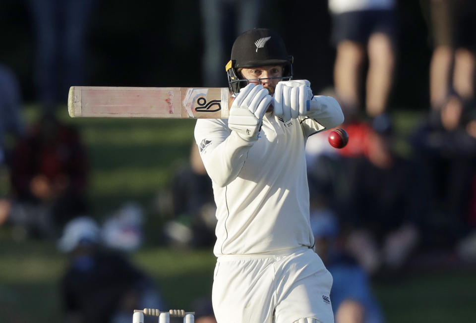 New Zealand's Tom Blundell plays at the ball while batting during play on day one of the second cricket test between New Zealand and India at Hagley Oval in Christchurch, New Zealand, Saturday, Feb. 29, 2020. (AP Photo/Mark Baker)