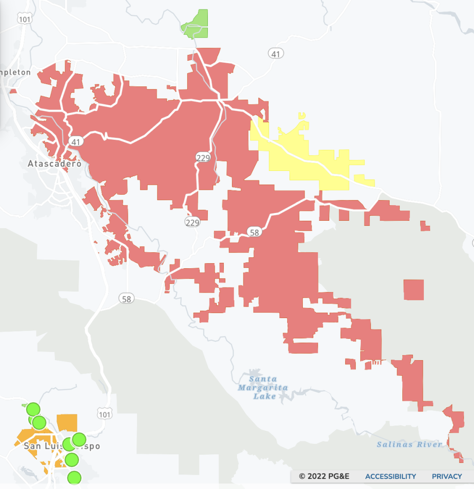 A power outage map across San Luis Obispo County. Red shading indicates more customers are affected, decreasing in impact to orange, yellow, then green.