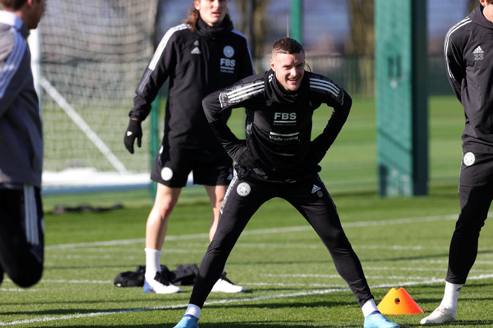 LEICESTER, ENGLAND - FEBRUARY 23: Jamie Vardy of Leicester City during the Leicester City training session at Leicester City Training Ground, Seagrave on February 23rd, 2022 in Leicester, United Kingdom. (Photo by Plumb Images/Leicester City FC via Getty Images)