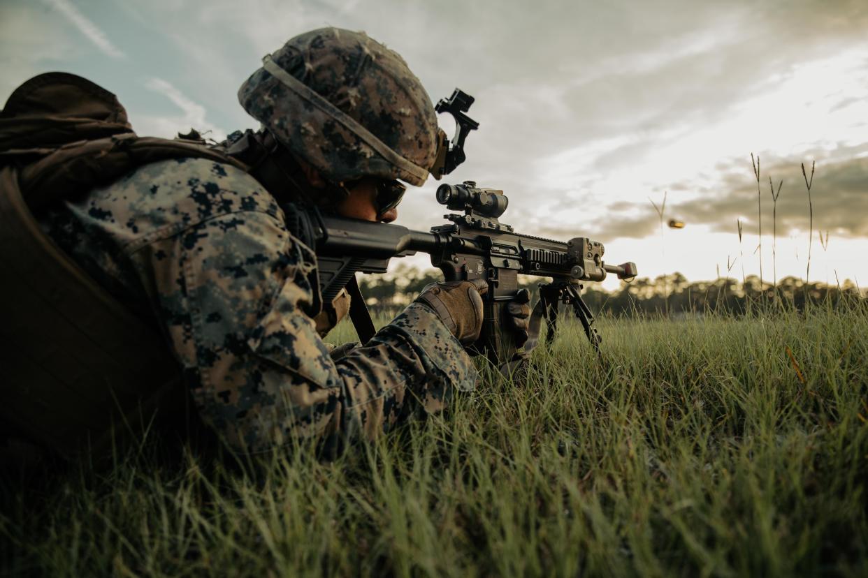 In this photo posted on the U.S. Marine Corps website, Lance Cpl. Sean Willey, who served as a rifleman with 3rd Battalion, 6th Marine Regiment, 2d Marine Division, engages targets during training at Camp Lejeune, North Carolina on Oct. 13, 2021. Willey was honorably discharged in February 2022 and disappeared while hiking home on the Appalachian Trail.