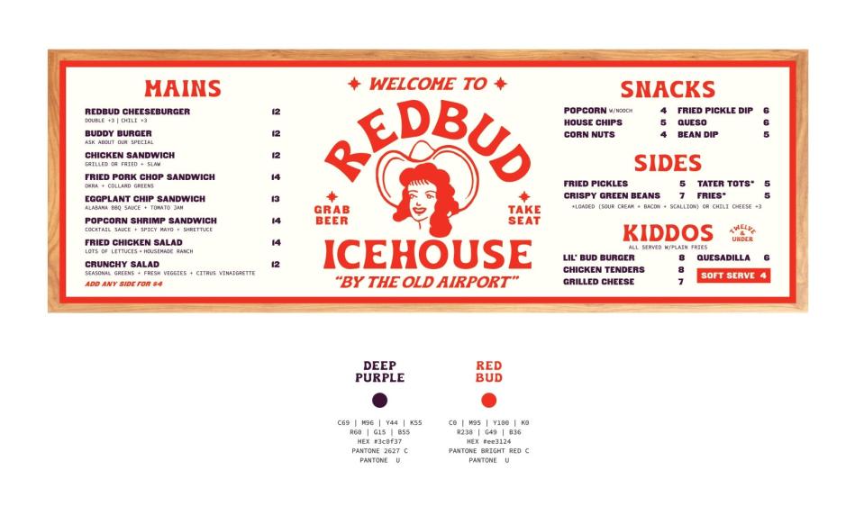 The menu for Redbud Ice House, which specializes in smashburgers and officially opens to the public March 19.