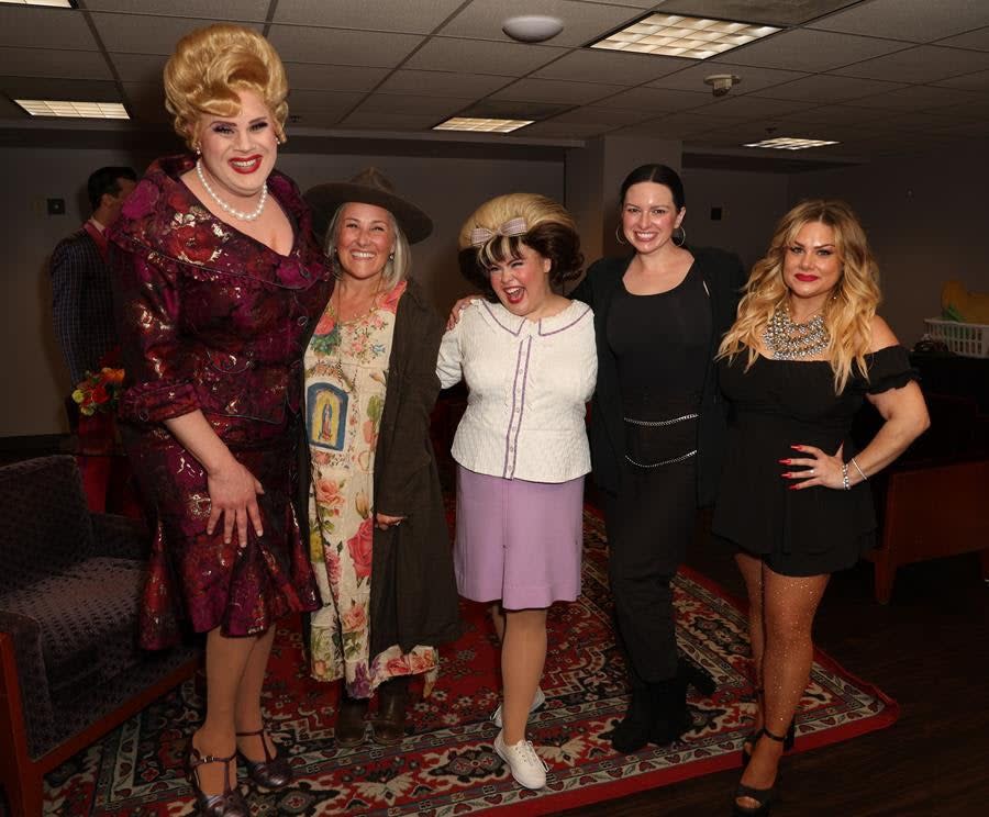 “Hairspray” star Nina West along with the top Tracy Turnblads of the last 20 years of the Broadway show’s iterations: Ricki Lake, current star Niki Metcalfe, Maddie Baillio and Carly Jibson. (Chelsea Lauren for Broadway in Hollywood)