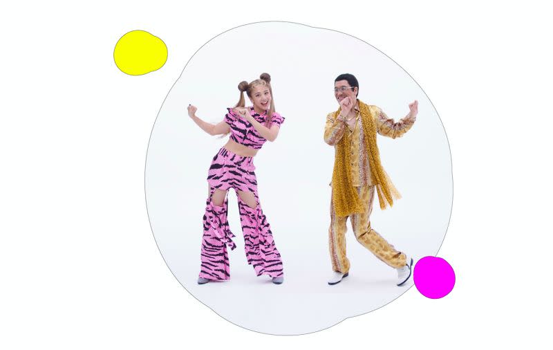 <p>Gui Gui (left) and Pikotaro dance in their new song “Gugoo Game.” (Courtesy of </p>
