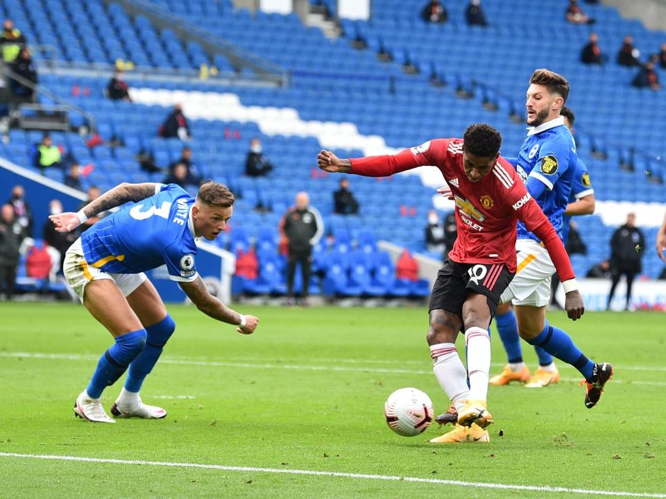 Marcus Rashford fires in United's second goal (Pool via REUTERS)