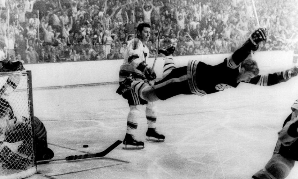 Boston’s Bobby Orr flies through the air after scoring the winning goal against the St Louis Blues in the 1970 Stanley Cup