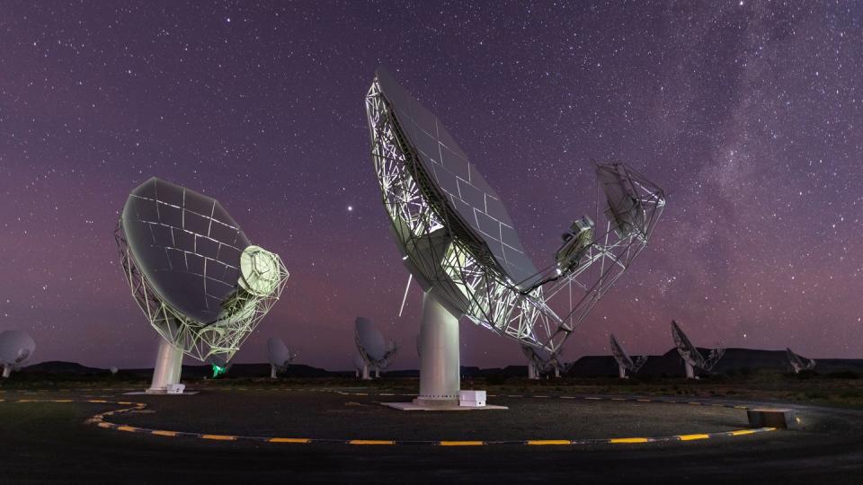 Mehrere Antennen des Meerkat-Radioteleskops stehen in der Halbwüste Karoo. Foto: Brendon Wainwright/South African Radio Astronomy Observatory