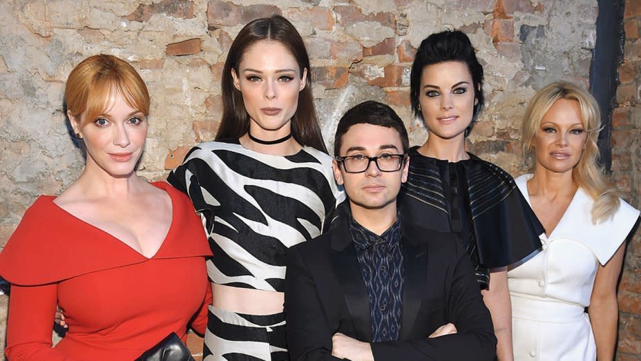 From left: Christina Hendricks, Coco Rocha, Christian Siriano, Jaimie Alexander and Pamela Anderson at the designer's New York Fashion Week show Sept. 10. (Photo: Getty Images)