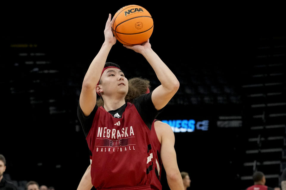 Nebraska guard Keisei Tominaga practices for the team's first-round college basketball game in the NCAA Tournament, Thursday, March 21, 2024, in Memphis, Tenn. (AP Photo/George Walker IV)