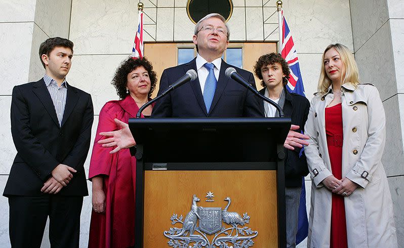 Kevin Rudd speaks during a press conference in 2010 after the Australian Labor Party (ALP) leadership spill which saw Julia Gillard call a leadership ballot for the role of Prime Minister. Credit: Getty