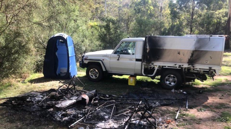 Russell Hill and Carol Clay’s campsite seen badly damaged by fire. Picture: Supplied/ Supreme Court of Victoria.