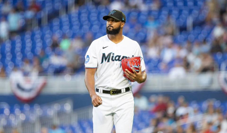 Miami Marlins starting pitcher Sandy Alcantara (22) walks off the mound after pitching against the Minnesota Twins during the first inning of an MLB game at loanDepot park on Tuesday, April 4, 2023, in Miami, Fla.