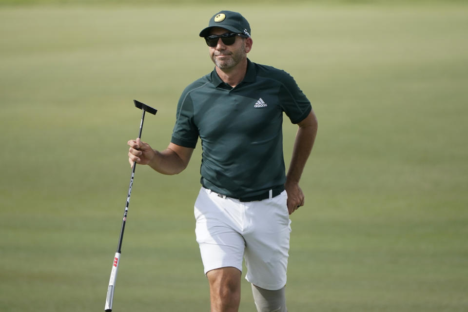 Sergio Garcia walks to the 16th green during the second round of the LIV Golf Team Championship at Trump National Doral Golf Club, Saturday, Oct. 29, 2022, in Doral, Fla. (AP Photo/Lynne Sladky)