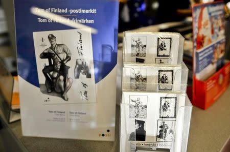 "Tom of Finland" stamps are seen over a counter at the main post office in Helsinki September 8, 2014. REUTERS/Jari Lam/Lehtikuva