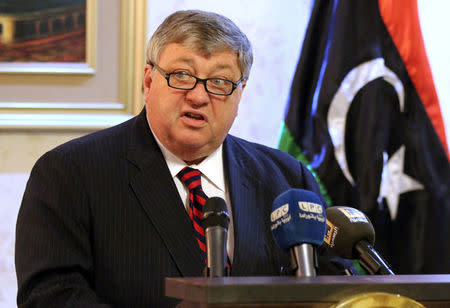 The U.S. ambassador to Libya Peter Bodde speaks during a news conference with Marine General Thomas Waldhauser, the top U.S. military commander overseeing troops in Africa, and Prime Minister of Libya's Government of National Accord (GNA) Fayez Seraj, in Tripoli, Libya May 23, 2017. REUTERS/Hani Amara