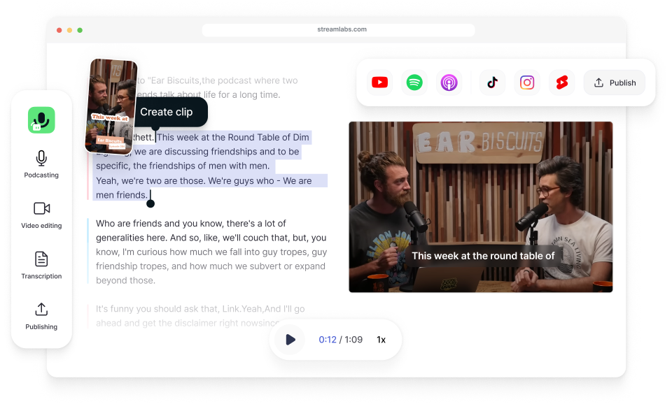 A screenshot showing Streamlabs' new Podcast Editor tool. On the left-hand side is highlighted text with a bubble that says 