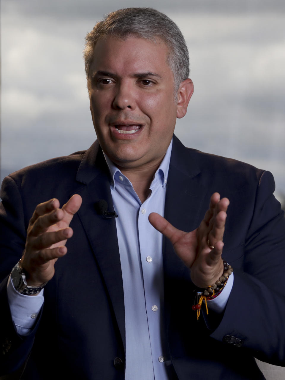 Colombia's President Ivan Duque speaks during an interview with The Associated Press before departing to attend the U.N. General Assembly from the CATAM air base in Bogota, Colombia, Saturday, Sept. 21, 2019. (AP Photo/Ivan Valencia)