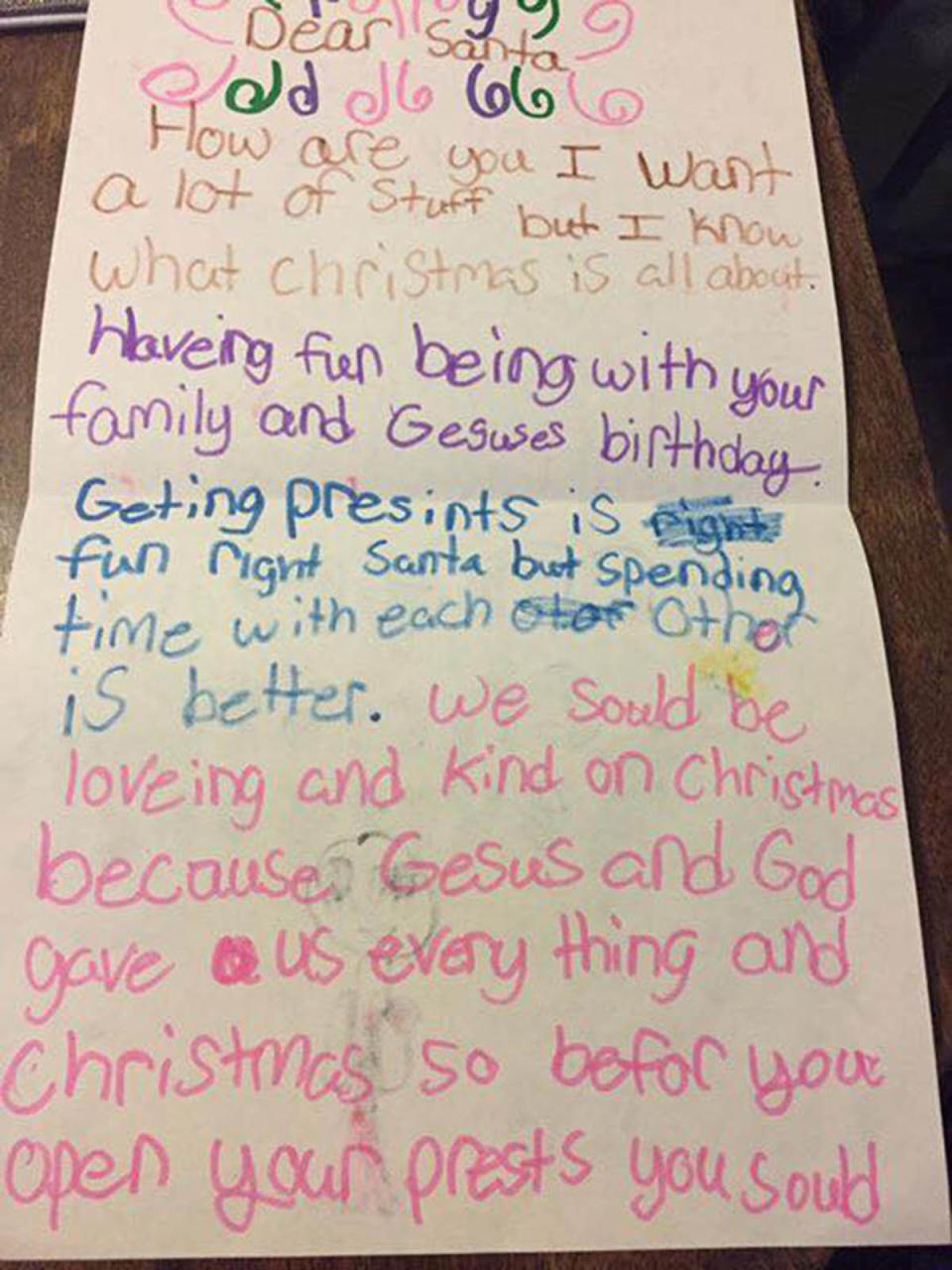 From my granddaughter, 7-year-old Elise -- the first page of her letter to Santa.