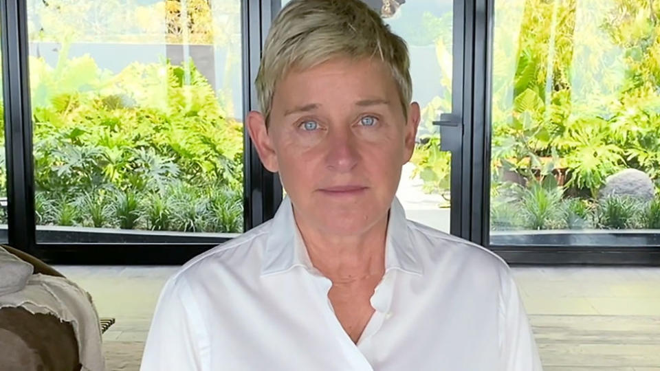 Ellen DeGeneres wearing a white shirt while hosting her talk show from her home