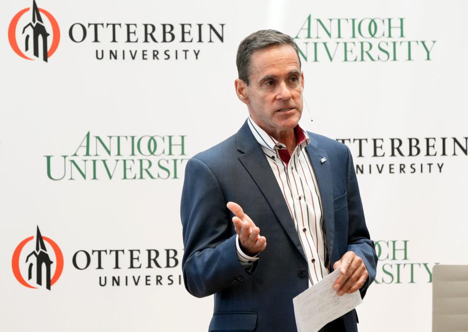 Chancellor William R. Groves, of Antioch University, speaks during a news conference on Thursday announcing a partnership with Otterbein University in Westerville.