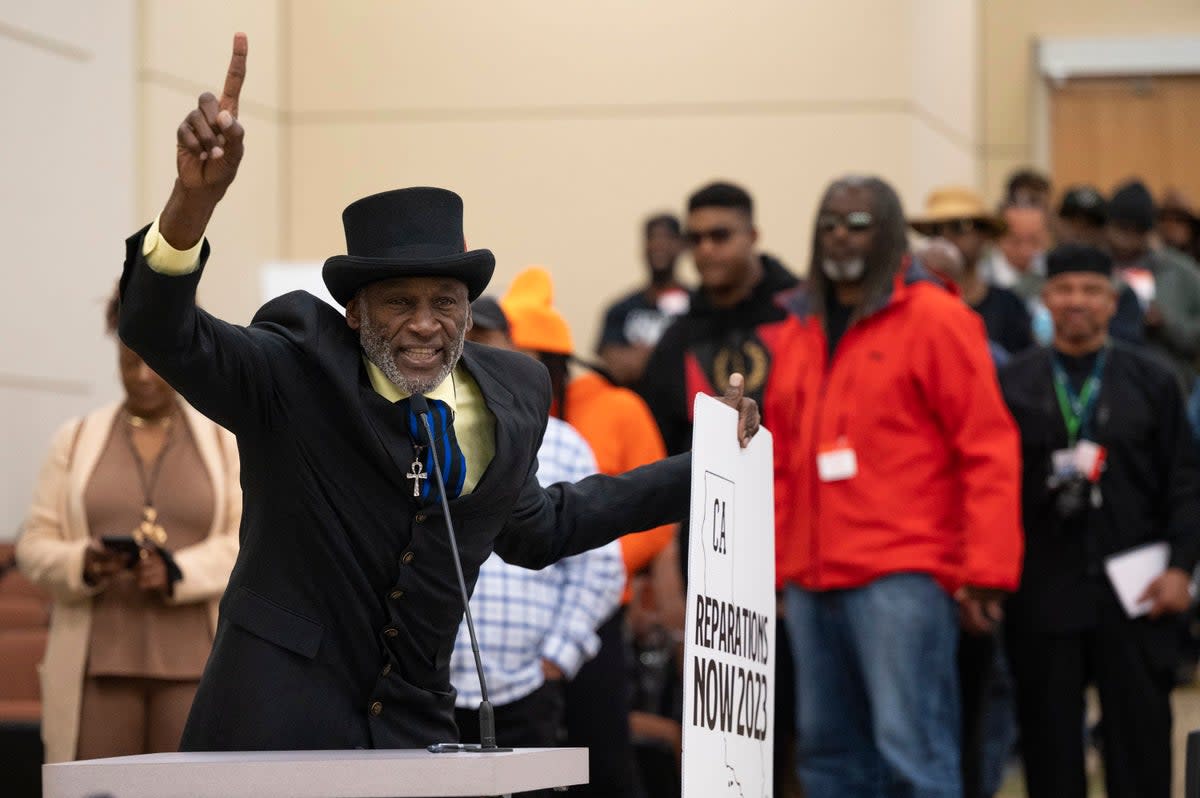 Morris Griffin of Los Angeles speaks during the public comment portion of the Reparations Task Force meeting in Sacramento, California on 3 March 2023 (Paul Kitagaki Jr/The Sacramento Bee/AP)