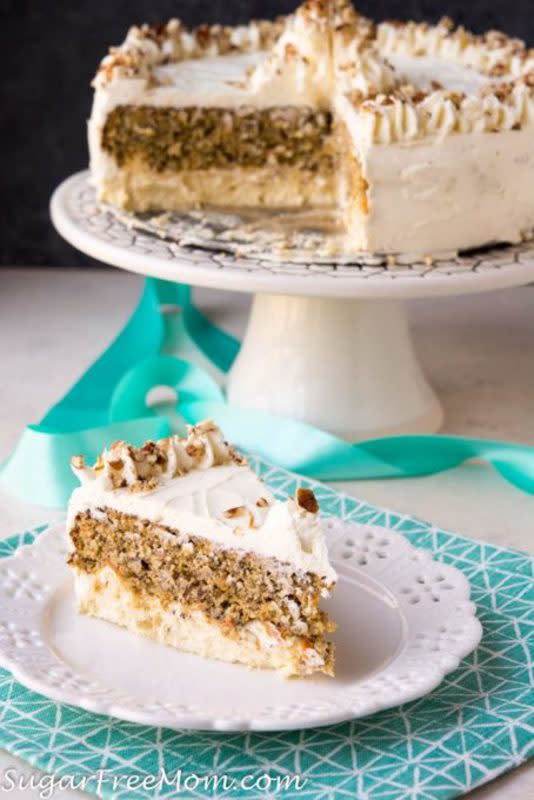 <p>Sugar Free Mom</p><p>Enjoy this beautiful low-carb, gluten-free, sugar-free Carrot Cake Cheesecake, layered with delicious cheesecake, carrot cake and cream cheese frosting!</p><p><a href="https://www.sugarfreemom.com/recipes/low-carb-carrot-cake-cheesecake-nut-free-gluten-free/" rel="nofollow noopener" target="_blank" data-ylk="slk:Get the recipe!;elm:context_link;itc:0;sec:content-canvas" class="link ">Get the recipe!</a></p>