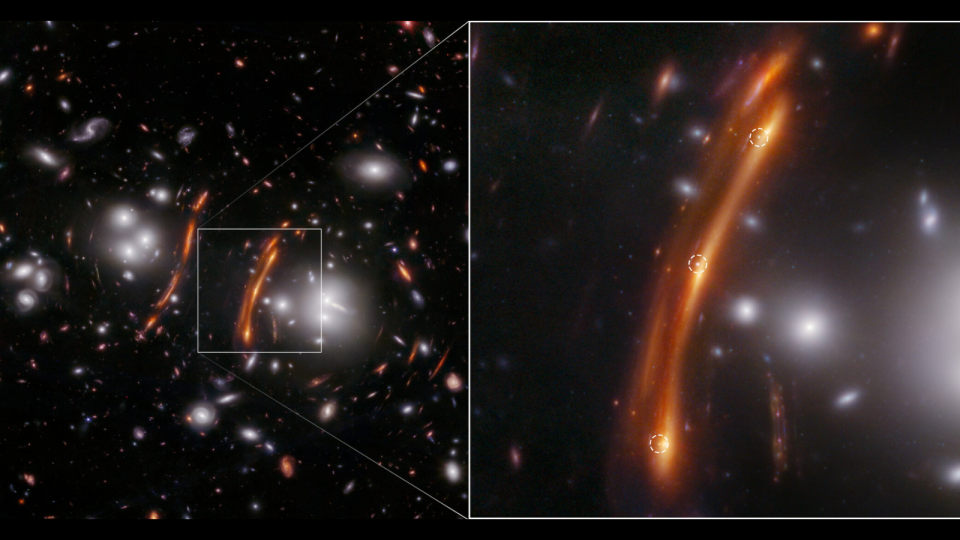     Two-panel image. In the left panel, dozens of small galaxies are scattered on the black background of space. Just left of center is a long, red arc. To its left is a cluster of some white galaxies that resemble a glowing sphere. To the right of center, the red arc and glowing ball of galaxies appear to be mirrored to the left. The curved and distorted image of the galaxy on the right is highlighted by a white frame. Lines extend from the corners of the box to the right panel, which shows a magnified view of the curved galaxy. Three faint points of light are circled. 