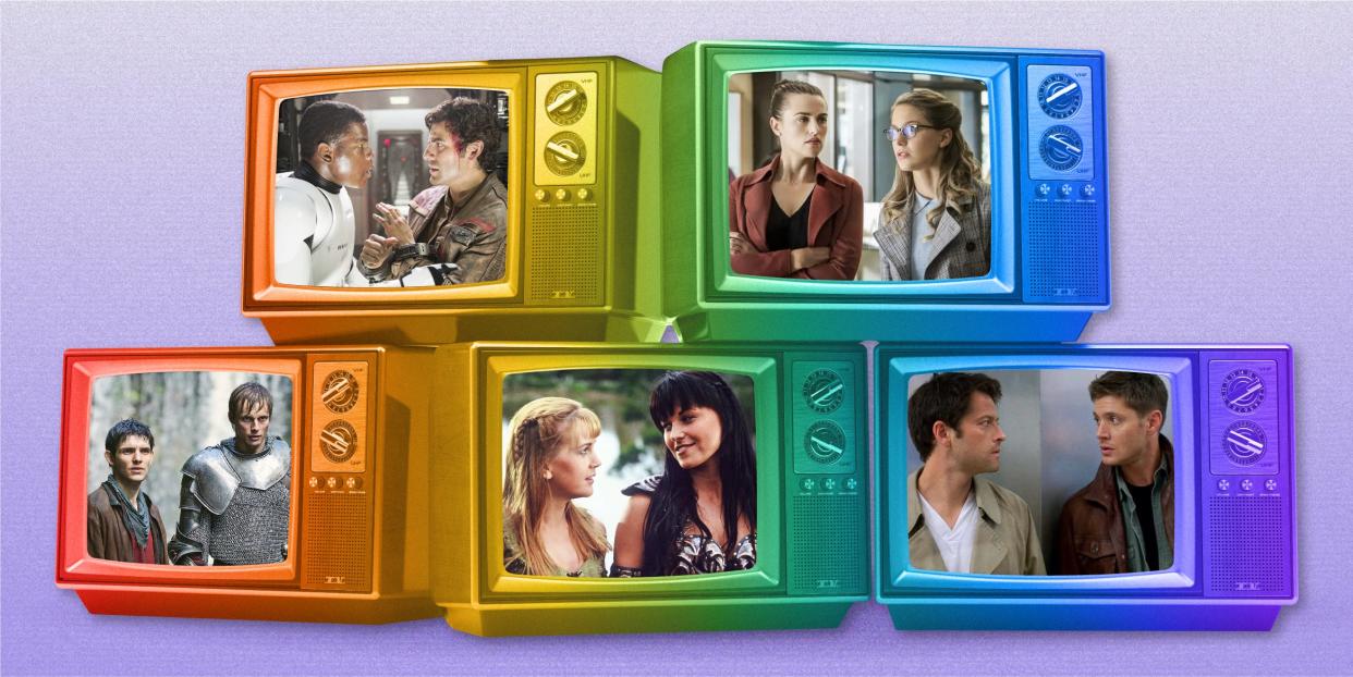 Photos of TV actors that should've been LGBTQ couples on old TV screens with rainbow overlay 2x1