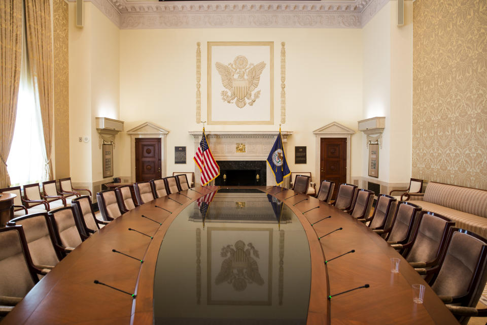 WASHINGTON, DC - MAY 19:  The two-story  Board Room, the meeting place of the Board of Governors of the Federal Reserve System and of the Federal Open Market Committee, is the most important room in the Eccles Building, May 19, 2016 in Washington, DC. (Photo by Brooks Kraft/ Getty Images)