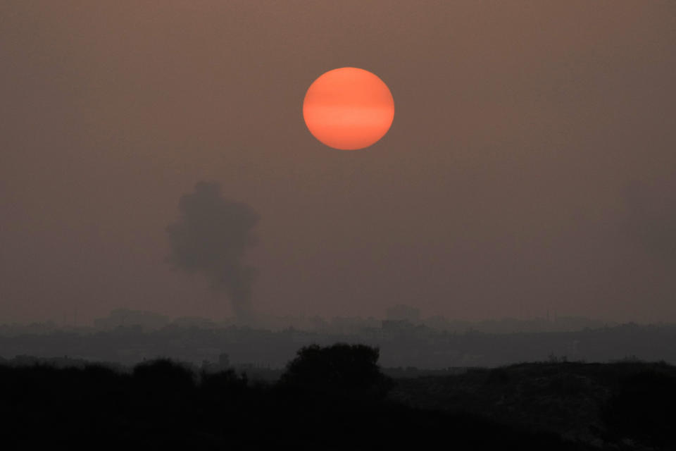 Smoke rises following an Israeli airstrike in the Gaza Strip, as seen from southern Israel, Monday, Oct. 23, 2023. (AP Photo/Francisco Seco)