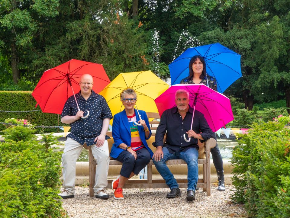 Brolly good fellows: Matt Lucas, Prue Leith, Paul Hollywood and Noel FieldingChannel 4