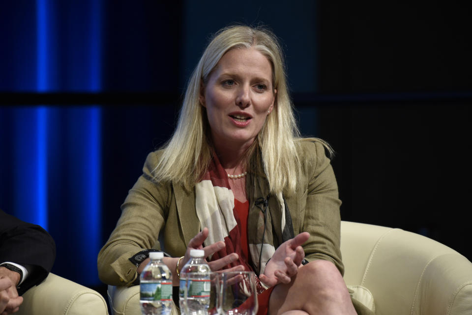 FILE - Catherine McKenna speaks at the Turning the Paris Climate Agreement into Action panel discussion, on April 14, 2016, at the World Bank in Washington. The head of the United Nations Antonio Guterres announced the appointment Thursday, March 31, 2022, of an expert panel led by Canada's former environment minister Catherine McKenna to scrutinize whether companies' efforts to curb climate change are credible or mere ‘greenwashing.’ (AP Photo/Sait Serkan Gurbuz)