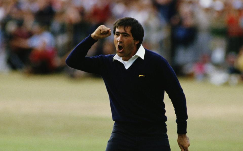 Ballesteros in his navy-blue sweater, reveling in his Open victory at St Andrews 26 years ago - GETTY IMAGES