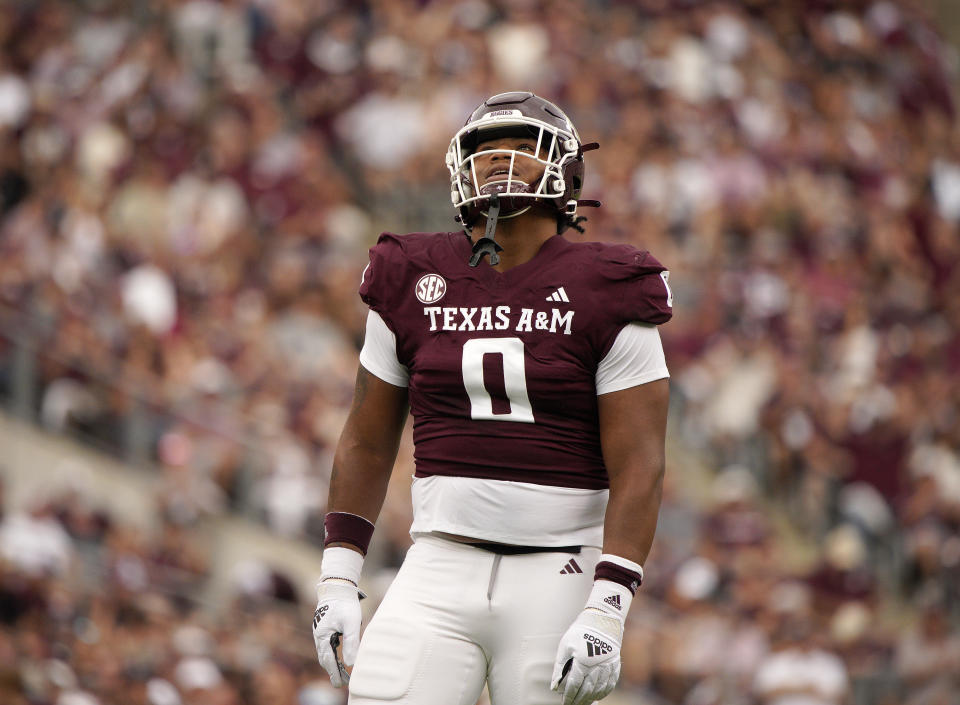 Oct 28, 2023; College Station, Texas, USA; Texas A&M Aggies defensive lineman <a class="link " href="https://sports.yahoo.com/ncaaf/players/339700/" data-i13n="sec:content-canvas;subsec:anchor_text;elm:context_link" data-ylk="slk:Walter Nolen;sec:content-canvas;subsec:anchor_text;elm:context_link;itc:0">Walter Nolen</a> (0) moves up to the scrimmage line during the second quarter in a game against South Carolina Gamecocks at Kyle Field. Mandatory Credit: Dustin Safranek-USA TODAY Sports