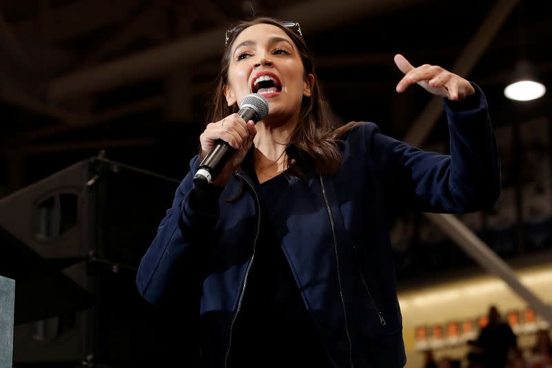 U.S. Representative Alexandria Ocasio Cortez (D-NY) speaks to introduce Democratic U.S. presidential candidate Senator Bernie Sanders at a campaign rally in Durham