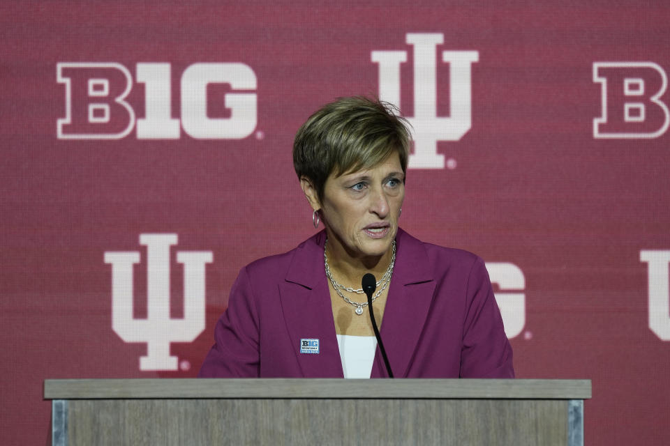 Indiana head coach Teri Moren speaks during Big Ten NCAA college basketball Media Days Monday, Oct. 9, 2023, in Minneapolis. (AP Photo/Abbie Parr)