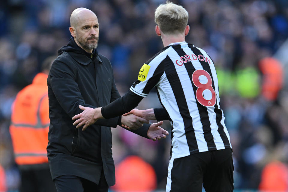 NEWCASTLE UPON TYNE, ENGLAND - APRIL 02: Erik ten Hag, Manager of Manchester United shakes hands with Anthony Gordon of Newcastle United after the Premier League match between Newcastle United and Manchester United at St. James Park on April 02, 2023 in Newcastle upon Tyne, United Kingdom. (Photo by Will Palmer/Sportsphoto/Allstar via Getty Images)